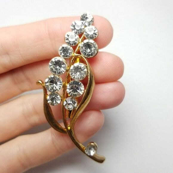 Vintage Rhinestone and Gold Tone Flower Leaf Shape Brooch, Estate - Picture 1 of 6